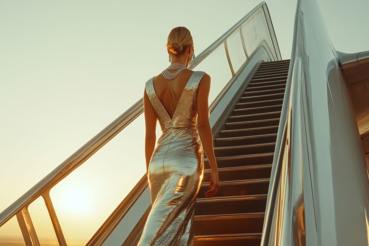 Elegante Frau in goldenem Abendkleid steigt eine Treppe hinauf – stilvolle Reisebegleitung mit dem Escort Service Düsseldorf.