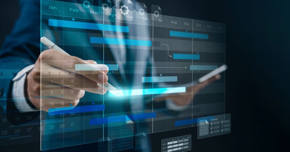 Digitale Zeitleiste mit Gantt-Chart wird per Touch und Stift im APS System angepasst – präzise industrielle Ablaufplanung